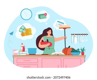 Busy Young Mom In Stress Holding Baby Surrounded By Chaos At Home. Mother Doing Domestic Work And Daily Routine Tasks Flat Vector Illustration. Family, Home Cleaning, Time Management Concept