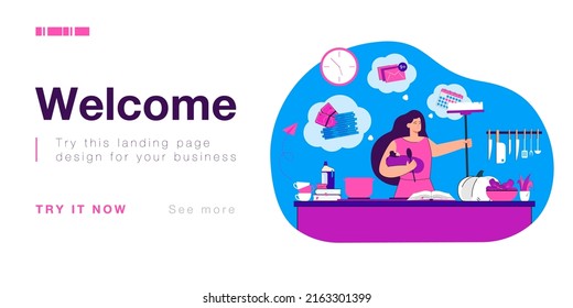 Busy Young Mom In Stress Holding Baby Surrounded By Chaos At Home. Mother Doing Domestic Work And Daily Routine Tasks Flat Vector Illustration. Family, Home Cleaning, Time Management Concept