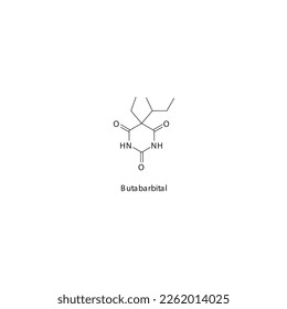 Butabarbital flat skeletal molecular structure Barbiturate drug used in insomnia, anxiety, siezures treatment. Vector illustration.