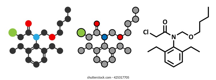 Butachlor herbicide molecule. Stylized 2D renderings and conventional skeletal formula.