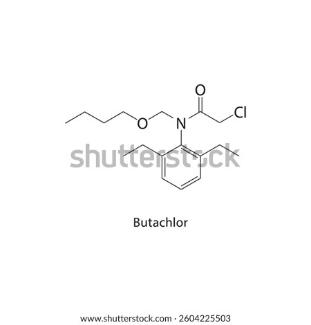 Butachlor skeletal structure. Herbicide compound schematic illustration. Simple diagram, chemical formula.