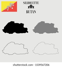 Butan, Thimphu outline world map, solid, dash line contour silhouette, national flag original proportion, vector illustration design, isolated on background, objects, symbol from countries set