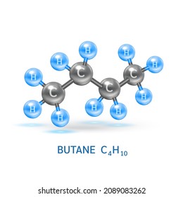 Butane gas (C4H10) molecule models and Physical chemical formulas. Natural gas combustible gaseous fuel. Ecology and biochemistry science concept. Isolated on white background. 3D Vector Illustration.