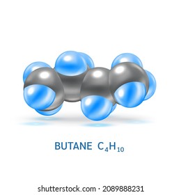 Butane gas (C4H10) molecule models and Physical chemical formulas. Natural gas combustible gaseous fuel. Ecology and biochemistry science concept. Isolated on white background. 3D Vector Illustration.