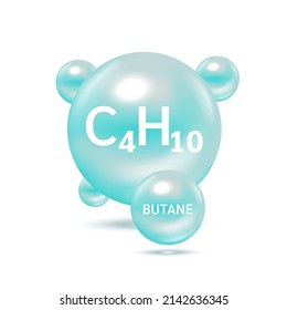 Butane gas (C4H10) molecule models and Physical chemical formulas. Natural gas combustible gaseous fuel. Ecology and biochemistry science concept. Isolated on white background. 3D Vector Illustration.