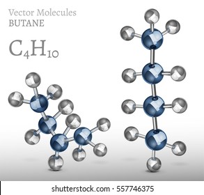 Butane molecule in different shapes in 3D style. C4H10 vector illustration isolated on a light grey background. Scientific, educational and popular-scientific concept.