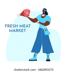 Butcher african woman. Female profession. Feminism. Fresh meat and meat products Meat market worker. Isolated vector illustration. Black girl