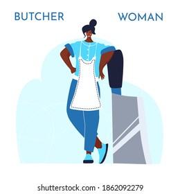 Butcher african woman. Female profession. Feminism. Fresh meat and meat products Meat market worker. Isolated vector illustration. Black girl