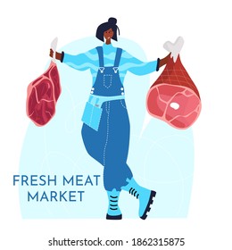 Butcher african woman. Female profession. Feminism. Fresh meat and meat products Meat market worker. Isolated vector illustration. Black girl