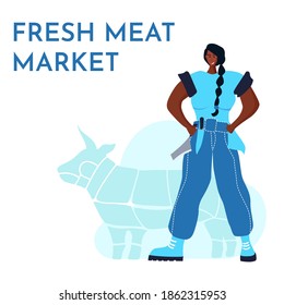 Butcher african woman. Female profession. Feminism. Fresh meat and meat products Meat market worker. Isolated vector illustration. Black girl