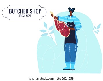 Butcher african woman. Female profession. Feminism. Fresh meat and meat products Meat market worker. Isolated vector illustration. Black girl