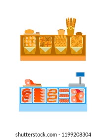 Butcher and bakery departments empty desks vector. Sellers counters with baked products, raw meat food on shelves. Bread and sausages in supermarket