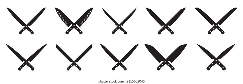 Butcher and bbq knifes. Chef icon. Crossed logo of knives for kitchen, butchery and grill. Silhouette of cleaver. Symbol of cooking, dining and barbecue. Restaurant logotype. Vector.