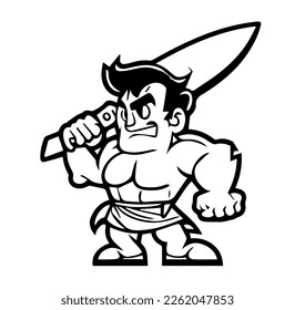 Butcher with a big knife in cartoon black and white style for coloring. Vector illustration