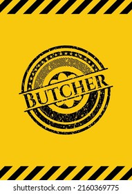 Emblema negro grunge carnicero dentro del signo de advertencia amarillo. Ilustración vectorial. Detallado. 