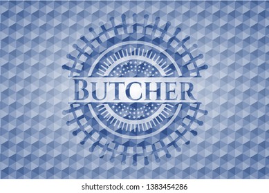 Butcher blue emblem with geometric pattern background. Vector Illustration. Detailed.