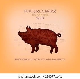 Butcher calendar with scheme of pork cutting in 2019. Christmas card with Chinese symbol of the year. For restaurant and meat bars menus on new year's day. With wishes of have a nice meal, bon appetit