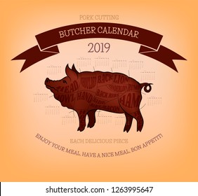 Butcher calendar with scheme of pork cutting in 2019. Christmas card with Chinese symbol of the year. For restaurant and meat bars menus on new year's day. With wishes of have a nice meal, bon appetit