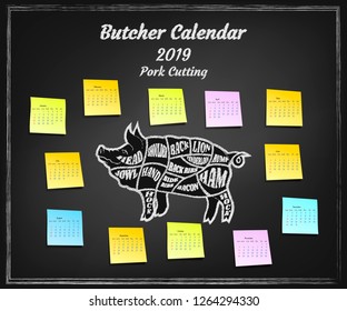 Butcher calendar with scheme of pork cutting in 2019. Christmas card with Chinese symbol of the yearStylized as a chalk Board for restaurant, butcher shop and grill bars menus or 
advertising banner.