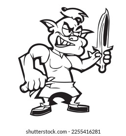 Butcher in cartoon black and white style for coloring. Vector illustration