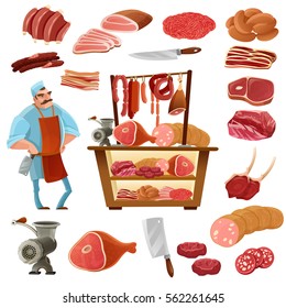 Butcher cartoon set with meat sausage and knife isolated vector illustration