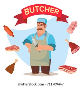 Butcher Character Vector. Classic Professional Butcher Man With Knife. For Steak, Meat Market, Storeroom Advertising Concept. Cartoon Isolated Illustration.