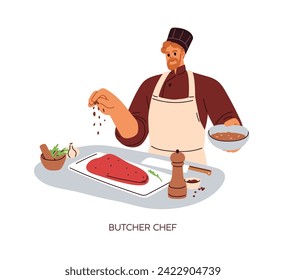 Butcher chef, cook preparing raw meat. Professional kitchen worker in culinary hat cooking beef, sprinkling steak with spices, condiments. Flat vector illustration isolated on white background