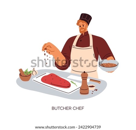 Butcher chef, cook preparing raw meat. Professional kitchen worker in culinary hat cooking beef, sprinkling steak with spices, condiments. Flat vector illustration isolated on white background