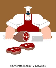 Butcher. Chef and knife for meat. Steak House cook. Vector illustration