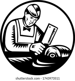Butcher Chopping Meat With Meat Cleaver Knife Circle Woodcut Retro Black and White