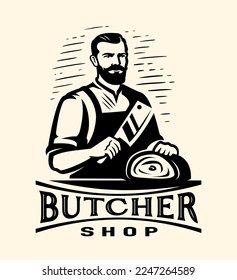 Butcher with cleaver knife and fresh beef meat. Butcher shop, farm organic food emblem or badge. Vector illustration