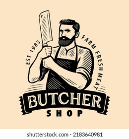 Butcher with cleaver in vintage engraving style. Emblem or logo for butcher shop, grill restaurant, steakhouse menu