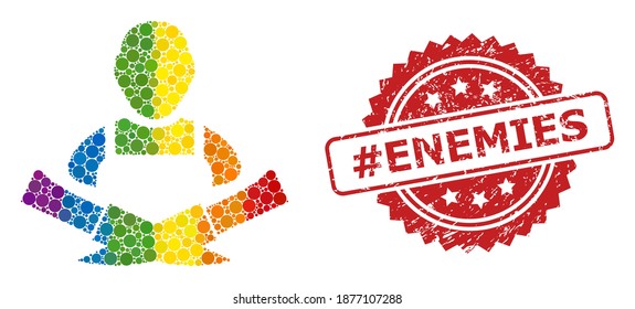 Butcher collage icon of filled circle elements in various sizes and LGBT bright color hues, and hashtag Enemies rubber rosette stamp seal. A dotted LGBT-colored Butcher for lesbians, gays