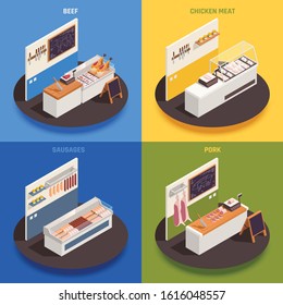 Butcher concept 4 isometric square compositions set with beef chicken meat pork counters colorful background vector illustration 