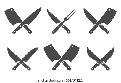 Butcher crossed knives. Cook knifes and fork vector icons for steak house and butchers graphics isolated on white background