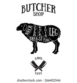 Butcher cuts scheme of lamb or mutton.Hand-drawn illustration of vintage style