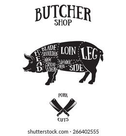 Butcher cuts scheme of pork.Hand-drawn illustration of vintage style