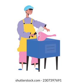 Butcher cutting meat with cleaver, flat illustration 
