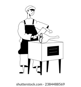 Butcher cutting meat with cleaver, glyph illustration 
