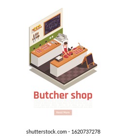 Butcher cutting meat on wooden counter worktop in his shop with knives slicer scale isometric vector illustration 