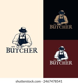 El carnicero corta y corta en rodajas un cerdo o carne de res usando un cuchillo para deshuesar. Diseño de logotipo clásico de Antiguas para Premium Meat