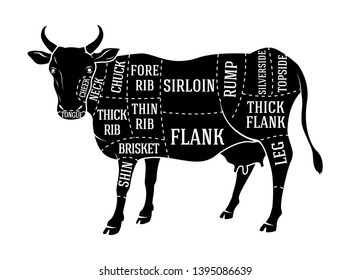 Butcher diagram guide for cutting cow meat in black and white graphic style