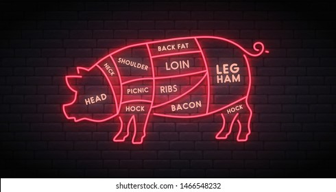 Butcher Diagram And Scheme. Neon Meat. Scheme And Guide Pork. Pig Silhouette. Vector Illustration 