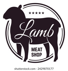 Butcher emblem. Sheep black silhouette. Lamb restaurant logo. Meat shop label. Farm food menu fresh product premium quality logotype. Badge design. Kitchen print. Vector isolated illustration