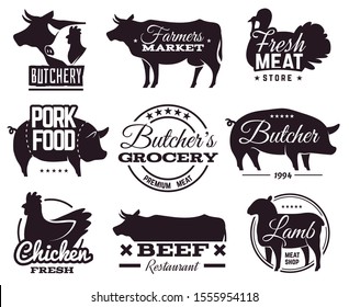 Butcher Emblems. Butchery Shop Labels With Animals Silhouettes. Beef And Pork, Chicken And Lamb, Organic Farm Meat Steakhouse Vector Restaurant Barbecue And Cooking Shopping Stamp Set