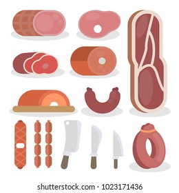 Butcher equipment set. Red meet, sausages and knives
