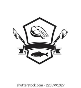 Butcher fish logo with knife concept, butcher fish silhouette isolated logo on white background vector illustration