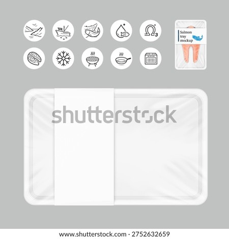 Butcher fish steak in clear tray container mockup with set icons. Vector illustration isolated on grey background. The translucent layer perfectly simulates the top stretched layer of plastic. EPS10.