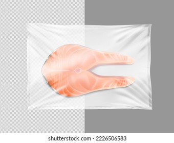 Butcher fish steak covered in clear film. Vector illustration isolated on white background. The translucent layer perfectly simulates the top stretched layer of plastic. EPS10.	