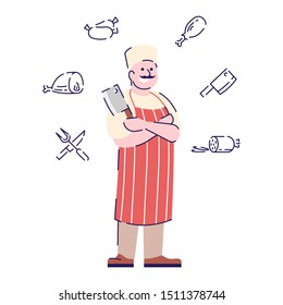 Butcher flat vector character. Restaurant chef, butchery, professional worker cartoon illustration with outline and linear icons. Man with kitchen axe for cutting meat isolated on white background